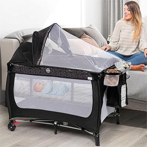 Xilingol 4-in-1 Pack and Play with Retractable Canopy, Portable Baby Crib with Carry Bag, Nursery Center with Changing Table, Baby Bassinet for Newborn to Toddlers, Black