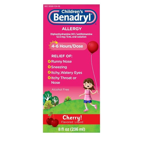 Benadryl Children's Allergy Relief Liquid Medicine with Diphenhydramine HCl Antihistamine for Kids' Allergy Relief, Effective Allergy Relief, Cherry Flavor, 8 fl. oz