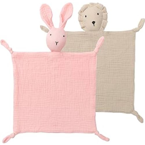 Organic Cotton Bunny & Lion Loveys Soft Breathable Newborn Security Blanket, Perfect Present for Baby Newborns, Toddlers Boy Girl, Neutral Muslin Fabric for Comfortable Sleep & Play