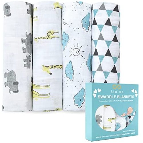 Muslin Baby Swaddle Blanket, Soft Cotton Neutral Receiving Blanket Wrap for Boys/ Girls Newborn, 4 Pack, Large 47x47 inches, Swaddling Blankets