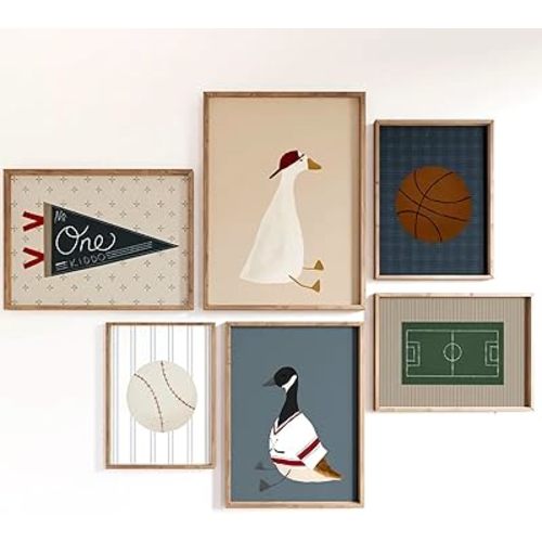 Sports Nursery Wall Art Decor Vintage Boys Room Canvas Pictures Baseball Sport Wall Decor Toddler Boys Basketball Poster Nursery Goose Prints Artwork for Kids Bedroom 8x10 Inch Unframed Set of 6