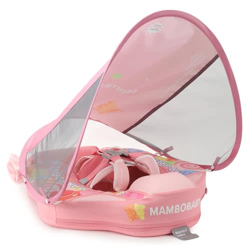 Mambobaby Float Add Tail Newest Baby Swim Float with Canopy Solid Pool Infant Swim Trainer Swimming Training Lying Air Free Water Floats Non-Inflatable Waist Swim Ring for Toddlers (Candy)