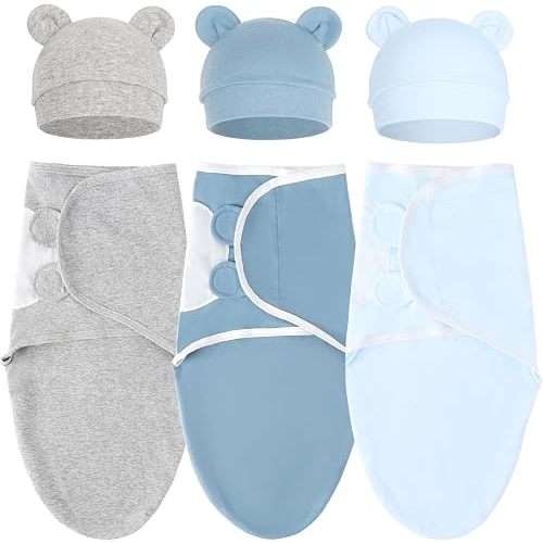 DRESHOW BQUBO 3 Pack Newborn Baby Swaddle Blanket with Hats Infant Adjustable Velcro Swaddling Wraps with Bear Ears Cap for 6-12 Lbs Newborns & 0-3 Months Girls Boys