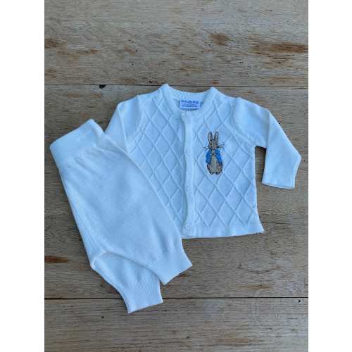 Peter Rabbit -Flopsy Rabbit- Embroidered -Baby 2 pcs Knitted set- cardigan and trousers and - Ivory - 0-3 to 6-9 months