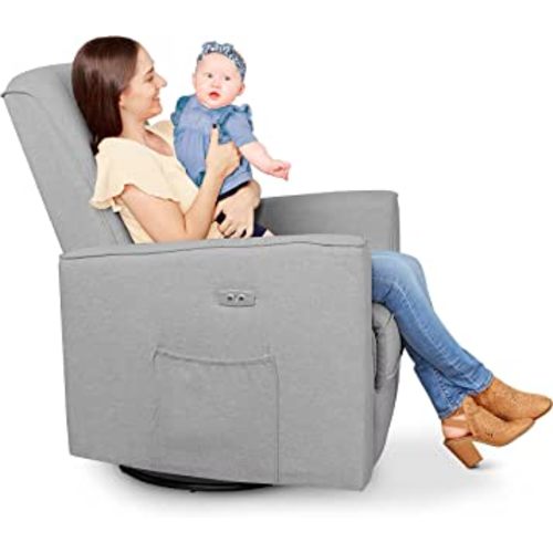 Evolur Harlow Deluxe Upholstered Plush Seating Glide Rocker, Swivel, Power Recliner with USB Port, Greenguard Gold Certified, Light Grey