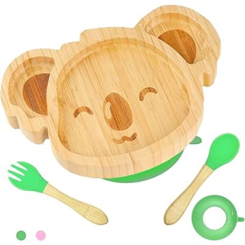 Adorable Small Koala Bamboo Baby Plates with Silicone Suction Cup, Spoon, and Fork - Wooden Toddler Divided Plate Set for Baby-Led Weaning and Non-Toxic Feeding Supplies(Green)