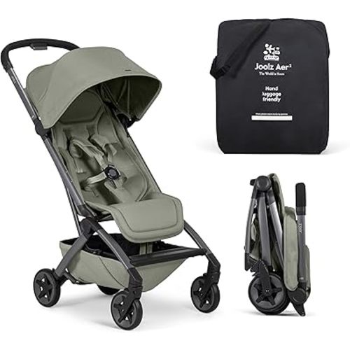 Joolz Aer2 Lightweight Travel Stroller for Baby & Toddler – One-Hand Fold, Compact Carry-On Airplane Approved, Reclining Seat, UPF 50+ Canopy, Travel Pouch, Baby Net – Sage Green