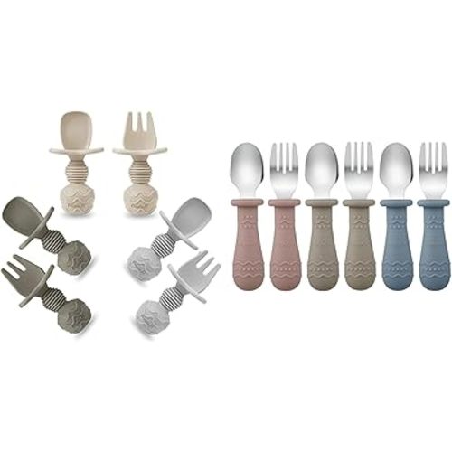 PandaEar Silicone Baby Spoons & Toddler Utensils (Blue/Brown/Red)