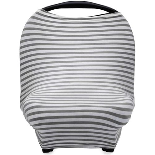 Parker Baby 4 in 1 Car Seat Cover for Girls and Boys - Stretchy Carseat Canopy, Nursing Cover, Grocery Cart Cover, High Chair Cover - Gray/White Stripes