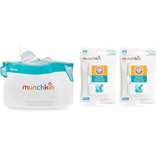 Munchkin Sterilize Microwave Steam Bags 6 Pack, Arm & Hammer Pacifier Wipes 2 Pack 72 Count