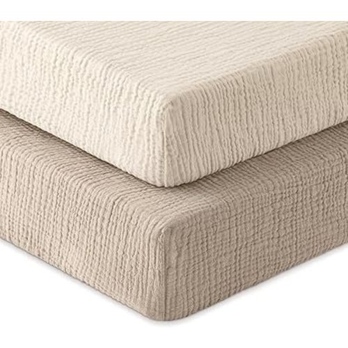 Muslin Crib Sheets for Boys Girls, 100% Cotton Fitted Crib Sheet 2 Pack for Standard Crib and Toddler Mattress, Breathable Soft Baby Sheet 28x52x8in Beige & Khaki