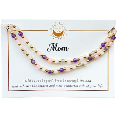 Natural Crystal Necklaces for Moms, Pregnancy, and Fertility | Choker-Style with Extender Chain with Real Gemstones: Moonstone, Amethyst, Rose Quartz, Pink Chalcedony, and Lepidolite