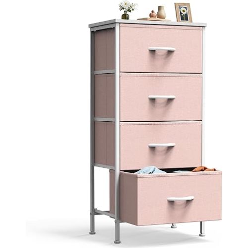 DUMOS Nightstand with 4 Drawers Bedside Table with Removable Fabric Bins Sturdy Steel Frame Wood Top Organizer Furniture for Bedroom Closet Living Room,Pink