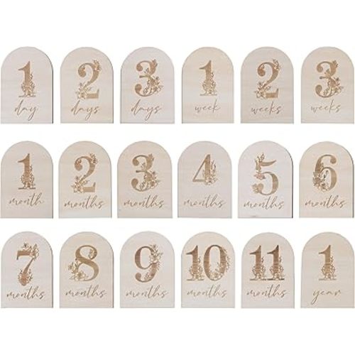 Baby Monthly Milestone Cards - Set of 9 Double-Sided Natural Wood Laser Engraved Signs, 4 Inch Arch Shape, Days Weeks Months Year Tracker