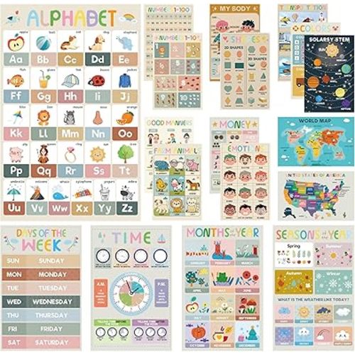 18 Pack Educational Posters For Preschoolers Double11"x17", Learning Posters For Toddlers 1-3 Laminated, Educational Posters For Toddlers Ages 1-3 Waterproof ABCs, Shapes, Days of the Week for Classroom & Homeschool.