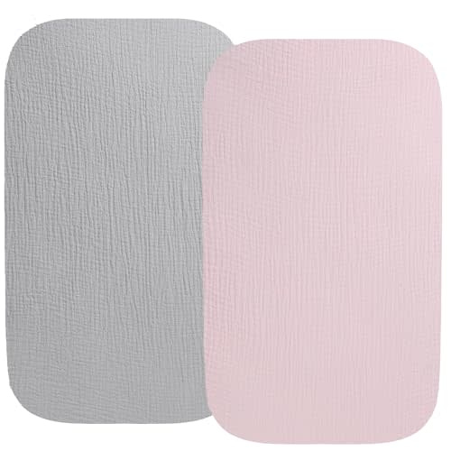 Muslin Bassinet Sheet Compatible with AMKE 3 in 1 Bassinet(35 X 20), Milliard, TCBunny Bassinet, 2 Pack Cotton Stylish Boho Fitted Bassinet Sheets for Baby Grey & Pink