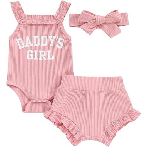 Ursobutegl Newborn Baby Girl Summer Clothes Daddys Girl Ruffle Sleeveless Ribbed Knit Romper Tops Shorts Bloomers Outfits