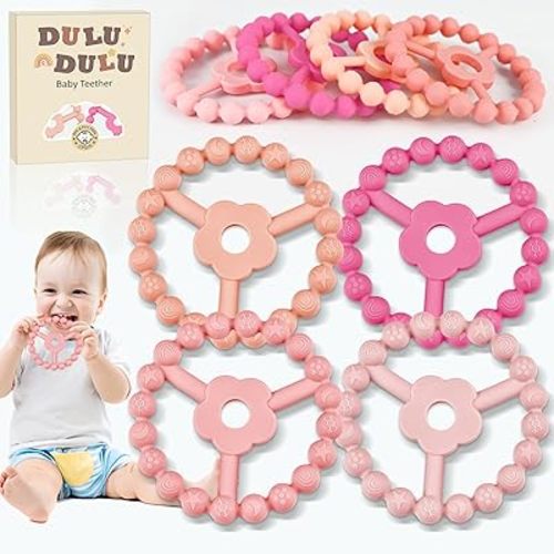 4 Pack Silicone Baby Teething Toys, Teething Rings for Babies 0-6 6-12 Months Newborn Baby Teethers Girl Relief Soothe Baby's Gums Infant Toys Gifts Baby Girls Boys Sweet Pink