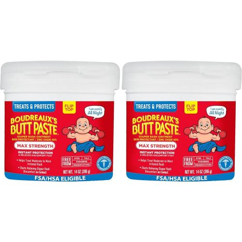 Boudreaux's Butt Paste Maximum Strength Diaper Rash Cream, Ointment for Baby, 14 oz Flip-Top Jar (Pack of 2)