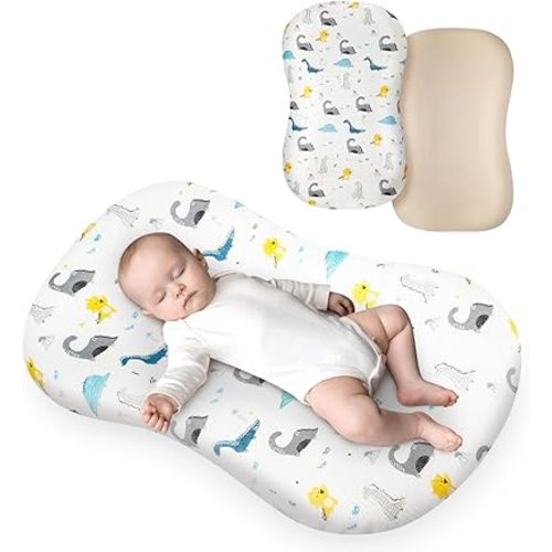 2 Pack Baby Lounger Cover Muslin, 100% Cotton Newborn Lounger Cover, Stretchy and Soft Lounger Slipcover for Boys Girls, Covers Only (White with Dinosaur, Wheat)