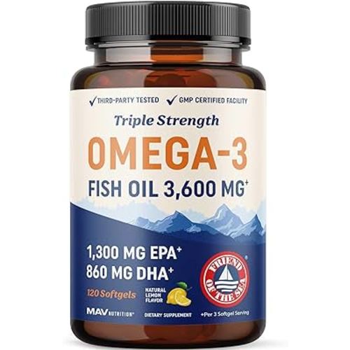 Triple Strength DHA Omega 3 Fish Oil 3600 mg | Over 2100mg Omega-3 Fatty Acids with 860mg of DHA | 1300mg EPA | Best Essential Fatty Acids | Premium Wild Caught & Burpless Fish Oil | 120 Softgels