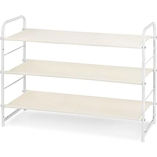 Simple Trending 3-Tier Stackable Shoe Rack, Expandable & Adjustable Fabric Shoe Shelf Storage Organizer, White
