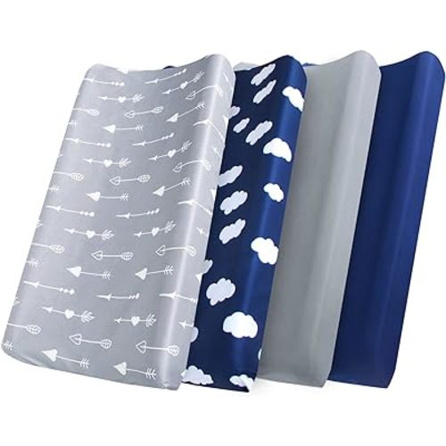 Chaning Pad Cover(32" x 16"), 4 Pack for Portable Change Pad, Change Pad Covers, Breathable & Soft Microfiber, Grey/Navy