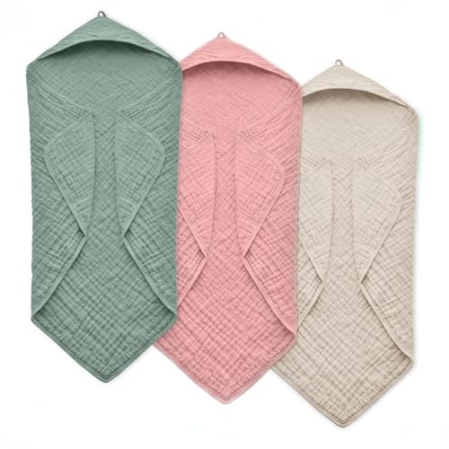 FAVERDIIY Hooded Baby Towels for Newborn, 35x35 Inch 3 Pack 100% Muslin Cotton Baby Bath Towel, Soft Baby Beach Towels with Hood for Infants, Toddlers and Kids, Essentials Must Haves