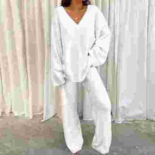 Women's Two-Piece Outfit Cotton Pajamas for Women Set Long Sleeve Solid Color Top Pants Suit V-Neck Sweatsuit (White XL）
