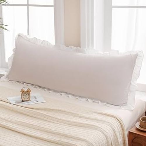 Merryword Beige Body Pillow Cover 20x54inches Beige and White Reversible Long Pillowcase Ruffled Body Pillowcases Cute Pillowcase Pillow Sham (1 Body, Beige White)