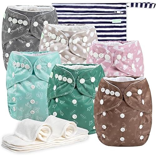 Wegreeco Cloth Diapers 6 Pack with Inserts & Wet Bag, Washable Reusable Diapers for Babies, One Size Adjustable (Palm)