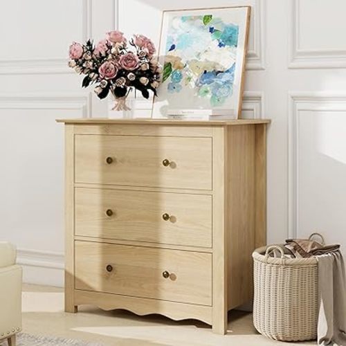 Oversized 3 Drawer Dresser for Bedroom, Mid Century Modern Wooden Dressers Chest of Drawers with Handles, Waveform Nightstand Dresser, Storage Organizer for Bedroom, Living Room, Wood