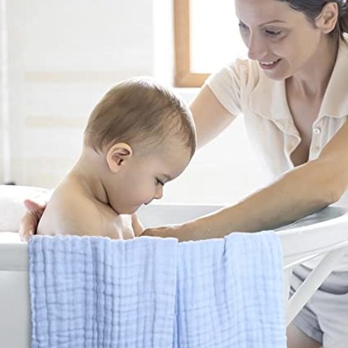 WinReal Muslin Baby Bath Towels Set 3 Pack Ultra Soft and Absorbent Baby Towels Infant Toddler Blanket Towel 6-Layer Natural Cotton Towel Suitable for Girl Boy 40x40 inches (White&Blue&Grey)