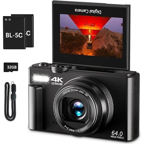 4K Digital Camera for Photography, 64MP Vlogging Camera for YouTube with 3" 180° Flip Screen, 18X Digital Zoom Point and Shoot Camara with 32GB Micro SD Card for Beginner (Black)