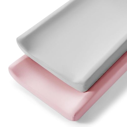 TILLYOU Changing Pad Cover Set in Soft Jersey Material Diaper Changing Pad Cover Girl - Fits 32"/34''x16 Contoured Pad for Babies,Peachy Pink & Lt Gray