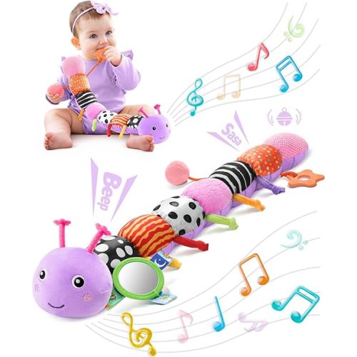 LIGHTDESIRE Baby Toys Musical Caterpillar,Infant Toys 3 6 12 Months Sensory Toy with Ruler Design,Mirror,Pull String,Crinkle&Ring Bell,Baby Teething Toy for Tummy Time Boy Girl Gifts (Lavender Purple)