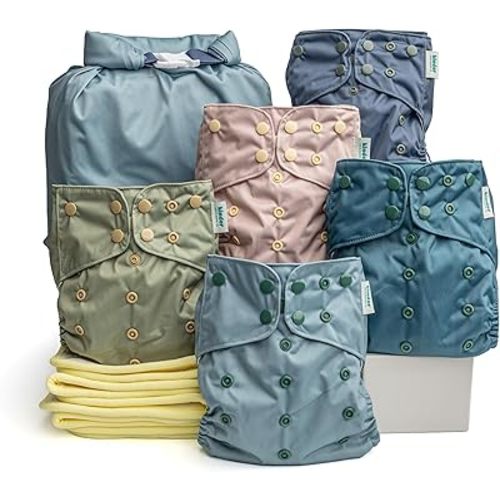 Kinder Cloth Diapers Reusable Baby Diapers Pocket Style Athletic Wicking Jersey, Bamboo Viscose Inserts, Wet Bag, Newborn to Potty Training 7-60lbs, One Size (Coastal Calm, 5 Pack, with Inserts)