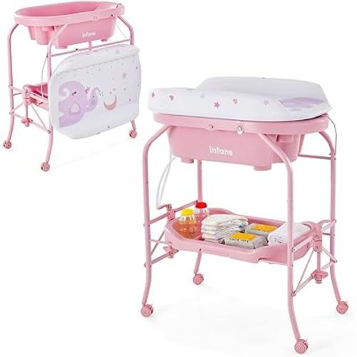 INFANS 2 in 1 Baby Changing Table with Bath Tub Unit, Folding Diaper Dresser Station with Wheels Waterproof Pad Storage Rack, Portable Nursery Organizer Stand for Newborn Infant