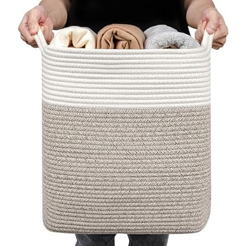Small Slim Laundry Hamper-Large Laundry Basket,Tall Cotton Storage Basket with Handles,Decorative Basket for,Collapsible Large Basket for Toys,Dirty Clothes,Pillows,Clothes Bin(White/Brown)