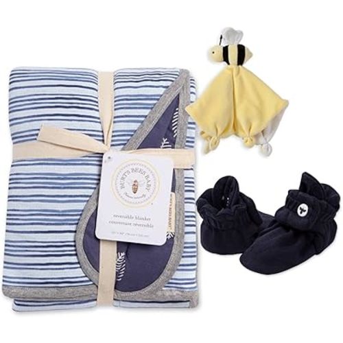 Burt's Bees Baby Unisex Baby Gift Set - Reversible Jersey Blanket, Adjustable Infant Booties & Plush Toy, 100% Organic Cotton Essentials Bundle