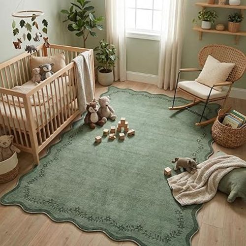 GarveeHome 4x6 Green Scalloped Washable Area Rug for Nursery Room, Solid Floral Soft Nursery Rug Non Slip Low Pile Small Carpet Stain Resistant Throw Rug for Dorm Kids Room Office Dining Room