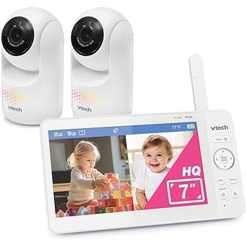 VTech Advanced HQ Max Twin 7" Digital Video 2-Cameras Baby Monitor with Pan Tilt Zoom, Long Battery Life 5000mAh, IPS Screen, Adaptive Multi-Color Night Light, 2-Way Talk, HQ Display, No WiFi, White