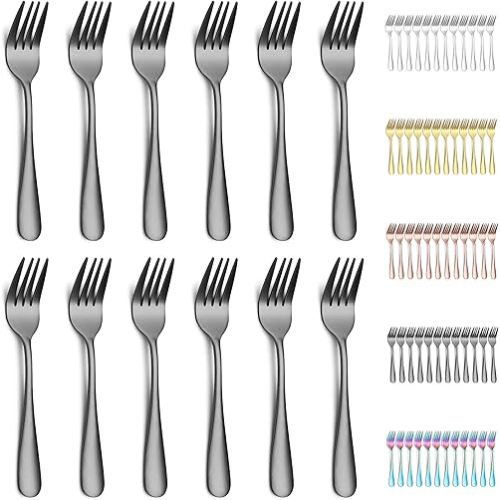 Evanda Black Dessert Forks Set of 12 Pack 5.62", Titanium Black Plating Pastry Fork, Appetizer Fork for Fruit, Cake, Cheese, Party Trips, Cafes, Restaurants, Easy To Clean, Dishwasher Safe