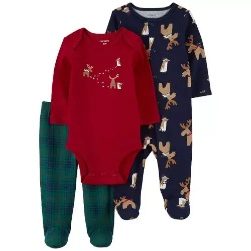 Baby Carter's Baby Navy Reindeer Holiday Sleep & Play, Bodysuit & Footed Pants Set - NEWBORN