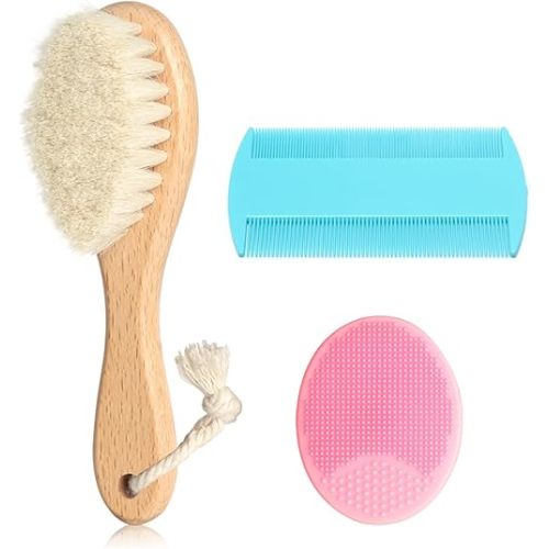 Goat Baby Hair Brush Set, Safe Natural Hair Care Kit with Wooden Soft Bristles Brush Comb Pink Silicone Bath Brush for Newborns Toddlers (3pcs Set)