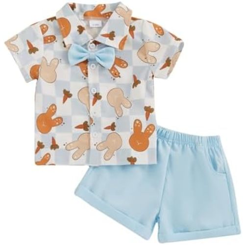 Lesimsam Toddler Baby Boy Easter Clothes Button Down Short Sleeve Dress Shirt with Bow Tie Shorts Set Gentleman Outfits