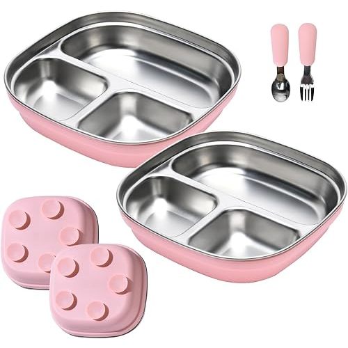 2 Pack Stainless Steel Kids Plates with Suction | 7.68" Spill-Proof High-Rim | 2 Spoons & Removable Sleeves | Microwave/Dishwasher Safe | BPA-Free, Non-Slip, Unbreakable Toddler Plates (Pink)