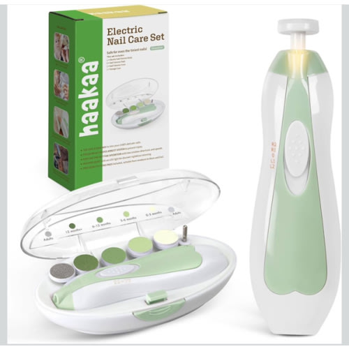 haakaa Baby Nail File Electric Baby Nail Care Set with LED Light, Baby Nail Clippers for Newborn/Infants/Adults Toenails and Fingernails, 6 Replacement Heads & Storage Case, Green