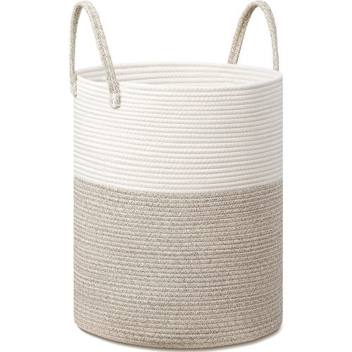 Large Cotton Rope Basket with Handle (16x22 inches - Natural & Cream White)