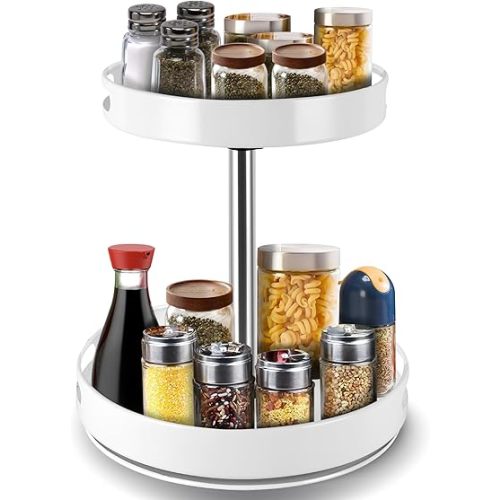 Rack Lazy Susan Organizer, 2 Tier Height Adjustable Rotating Lazy Turntable Organization for Cabinet Kitchen Table Pantry Countertop Refrigerator Cupboard Storage(White, 12 inch)